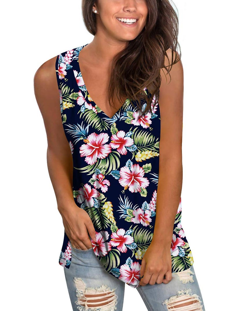 SAMPEEL Sexy V Neck Loose Tank Tops Summer Sleeveless Tropical Shirt for Women Side Split XL - Image 2